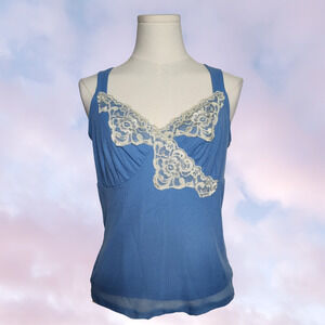 Y2k Bisou Bisou Blue White Lace V-Neck Preppy Retro Mesh Sleeveless Tank Sz M